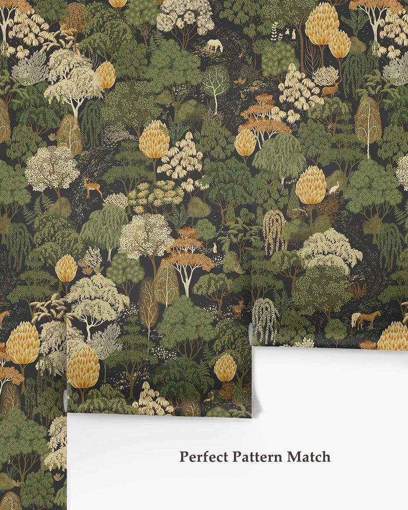 Dark Botanical Forest Wallpaper, Vintage Woodland Pattern, Moody Nature Wall Decor, Roll Wallpaper zdjęcie 6