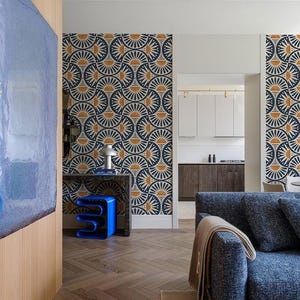 Geometric Wallpaper Roll, Mid Century Modern Home Decor, Retro Sun Pattern, Navy Mustard Design, Accent Feature Mural, 8-102P-1 image 3