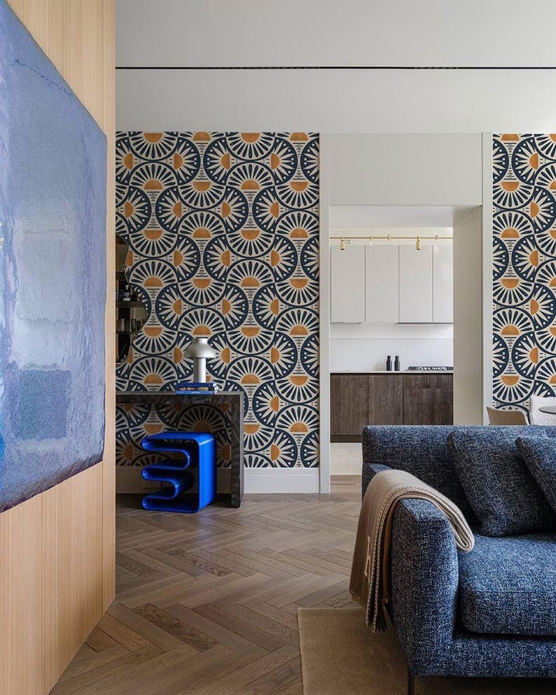 Geometric Wallpaper Roll, Mid Century Modern Home Decor, Retro Sun Pattern, Navy Mustard Design, Accent Feature Mural, 8-102P-1 image 3