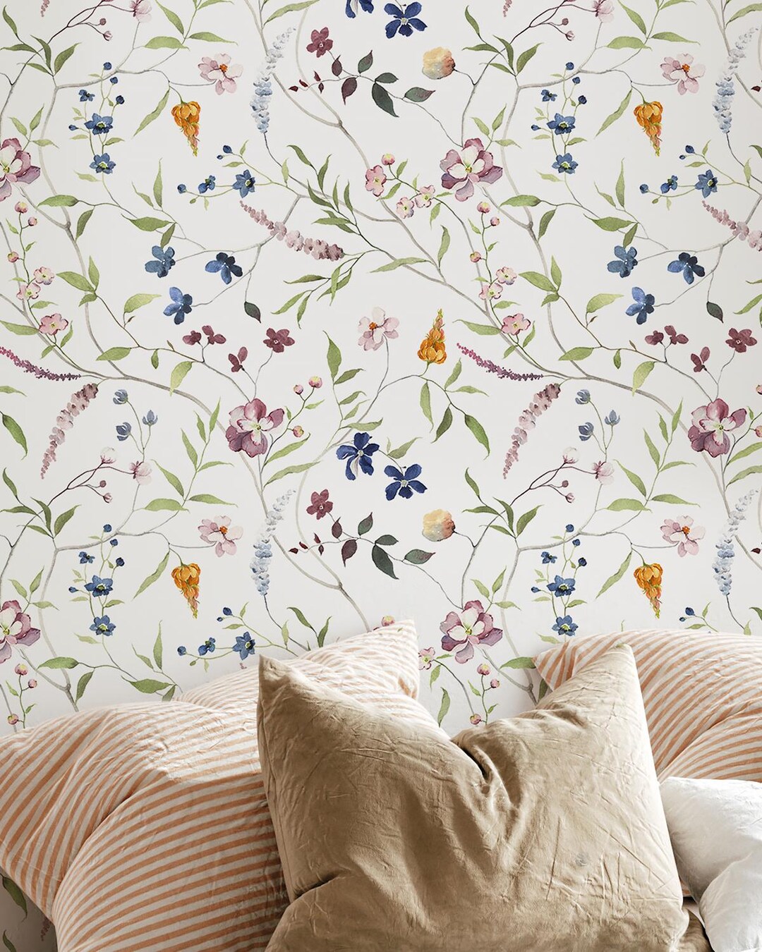 Floral Peel and Stick Wallpaper, Watercolor Botanical Pattern ...