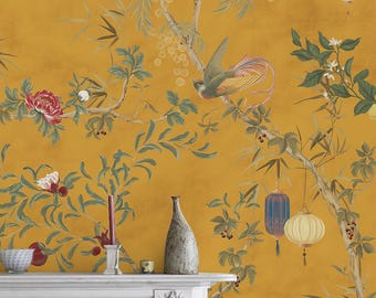 Chinoiserie Wallpaper Ochre Yellow, Chinese Birds Pattern, Oriental Wall Panels, Asian Theme Decor
