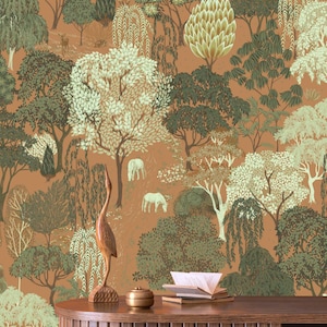 Terracotta Forest Wallpaper – Scenic Botanical Trees Wall Covering, Earthy Nature Pattern for Living Room & Bedroom