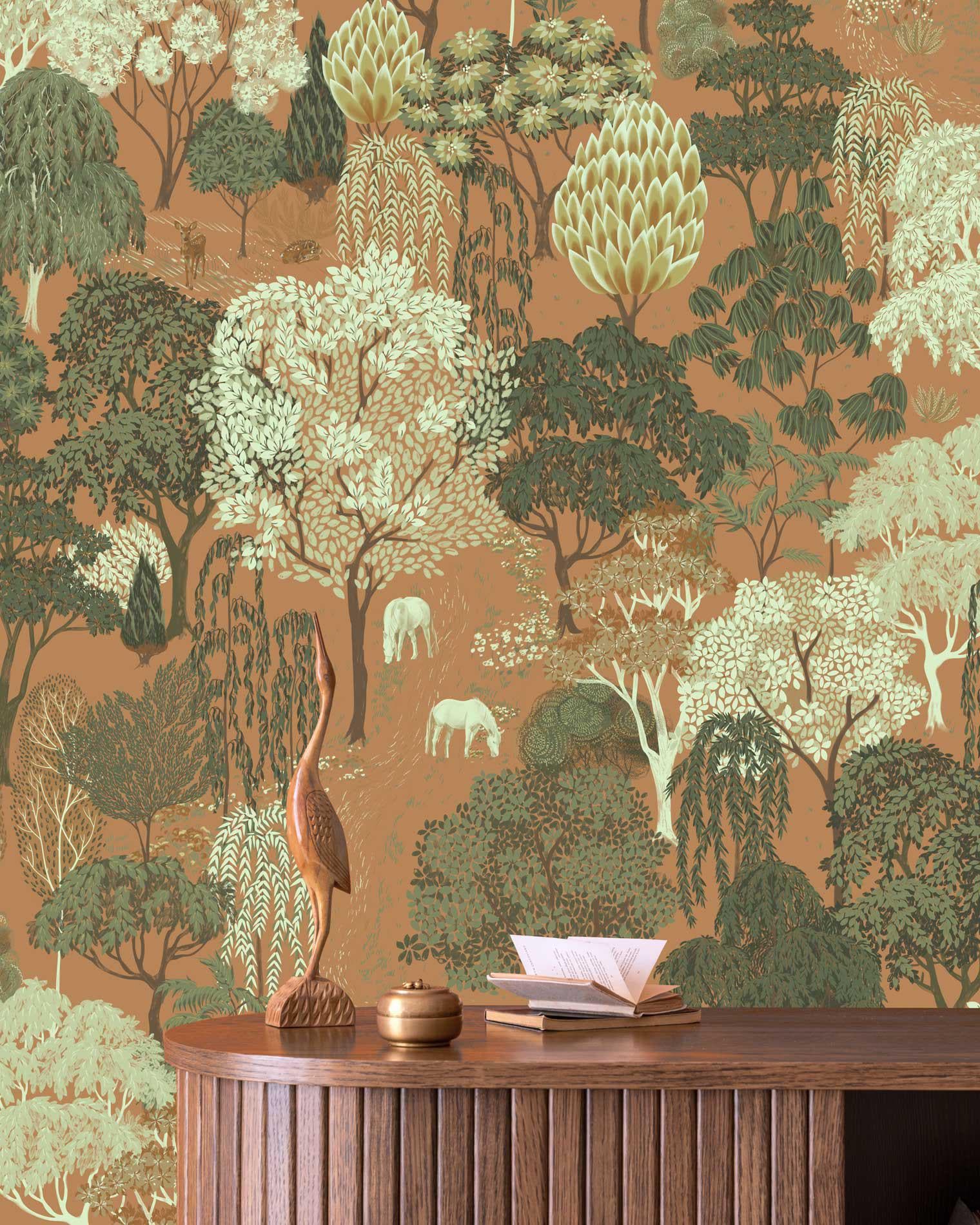 Terracotta Forest Wallpaper – Scenic Botanical Trees Wall Covering