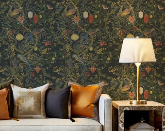 Moody Botanical Wallpaper, Dark Green Bird and Lantern Pattern, Vintage Garden Wall Panels