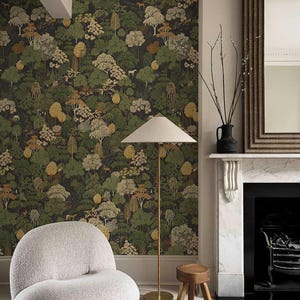 Dark Botanical Forest Wallpaper, Vintage Woodland Pattern, Moody Nature Wall Decor, Roll Wallpaper zdjęcie 4