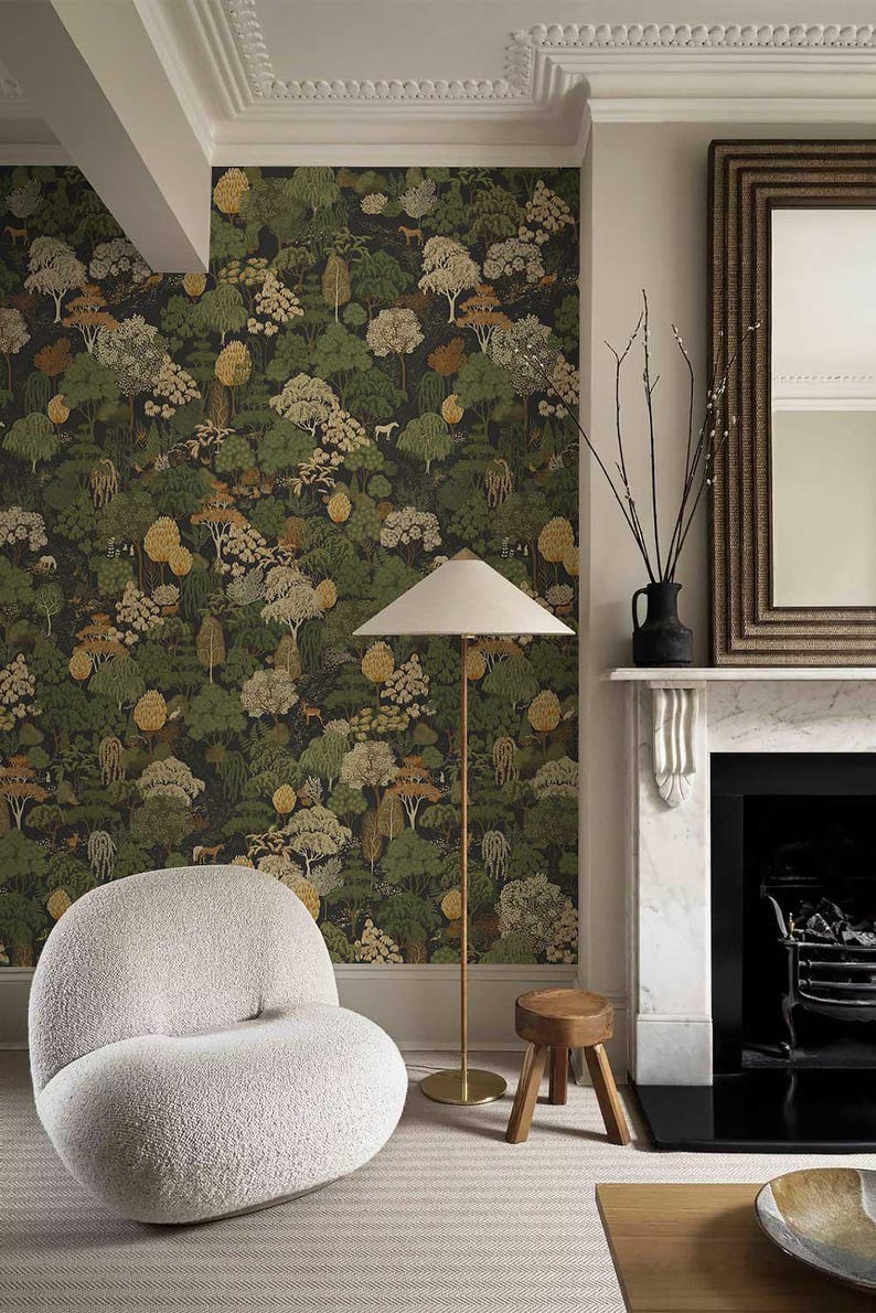 Dark Botanical Forest Wallpaper, Vintage Woodland Pattern, Moody Nature Wall Decor, Roll Wallpaper zdjęcie 4