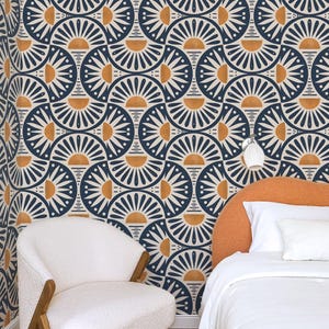 Geometric Wallpaper Roll, Mid Century Modern Home Decor, Retro Sun Pattern, Navy Mustard Design, Accent Feature Mural, 8-102P-1