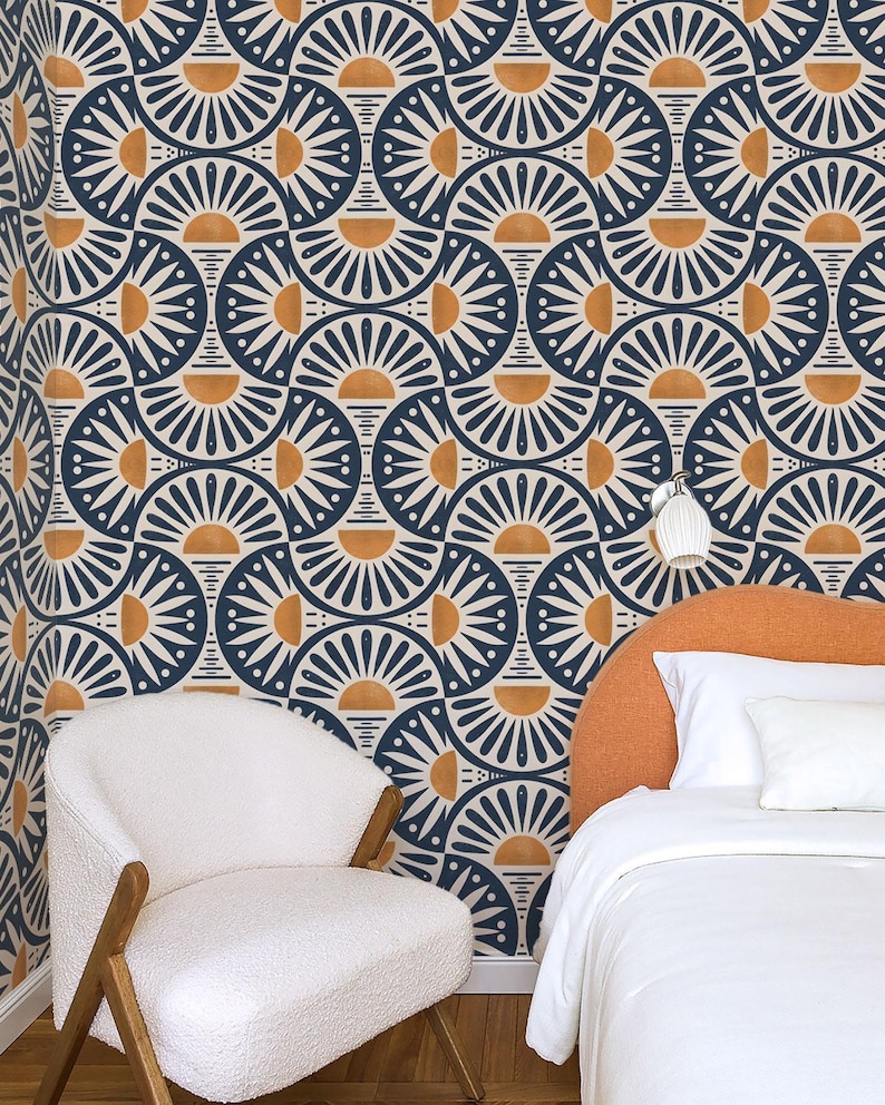 Mid century geometric wallpaper in modern bedroom interior