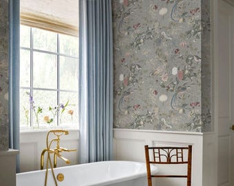 Chinoiserie Bird Wallpaper Gray, Powder Room Decor, Vintage Asian Bathroom Wall Panels, Maximalist Style