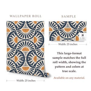 Geometric Wallpaper Roll, Mid Century Modern Home Decor, Retro Sun Pattern, Navy Mustard Design, Accent Feature Mural, 8-102P-1 Sample