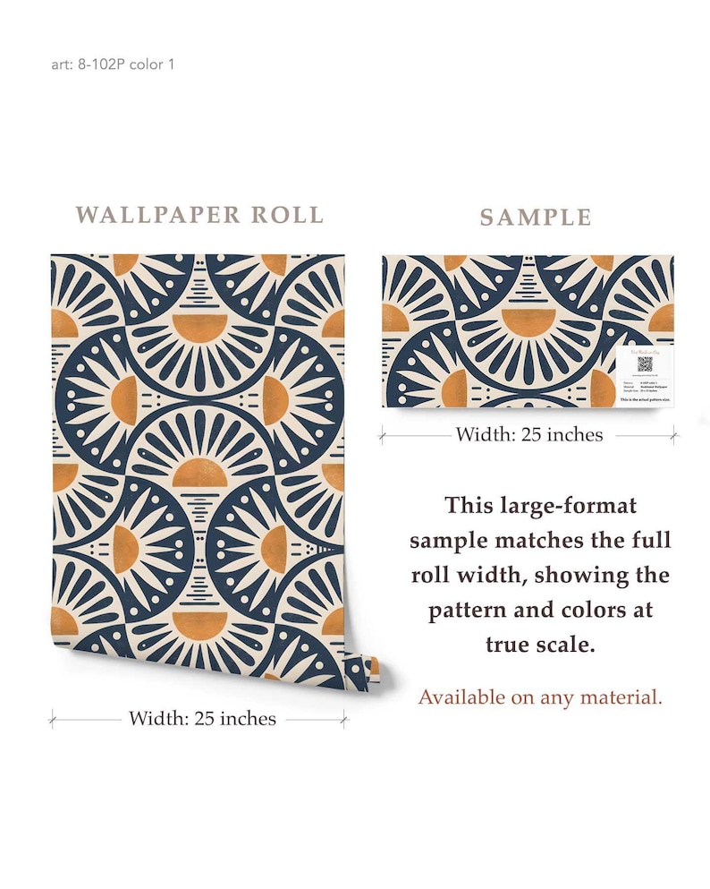 Geometric Wallpaper Roll, Mid Century Modern Home Decor, Retro Sun Pattern, Navy Mustard Design, Accent Feature Mural, 8-102P-1 Sample