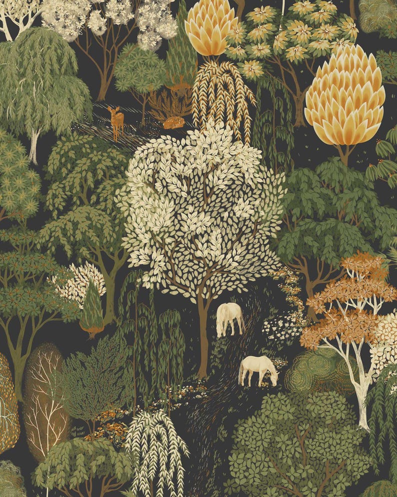Dark Botanical Forest Wallpaper, Vintage Woodland Pattern, Moody Nature Wall Decor, Roll Wallpaper zdjęcie 11