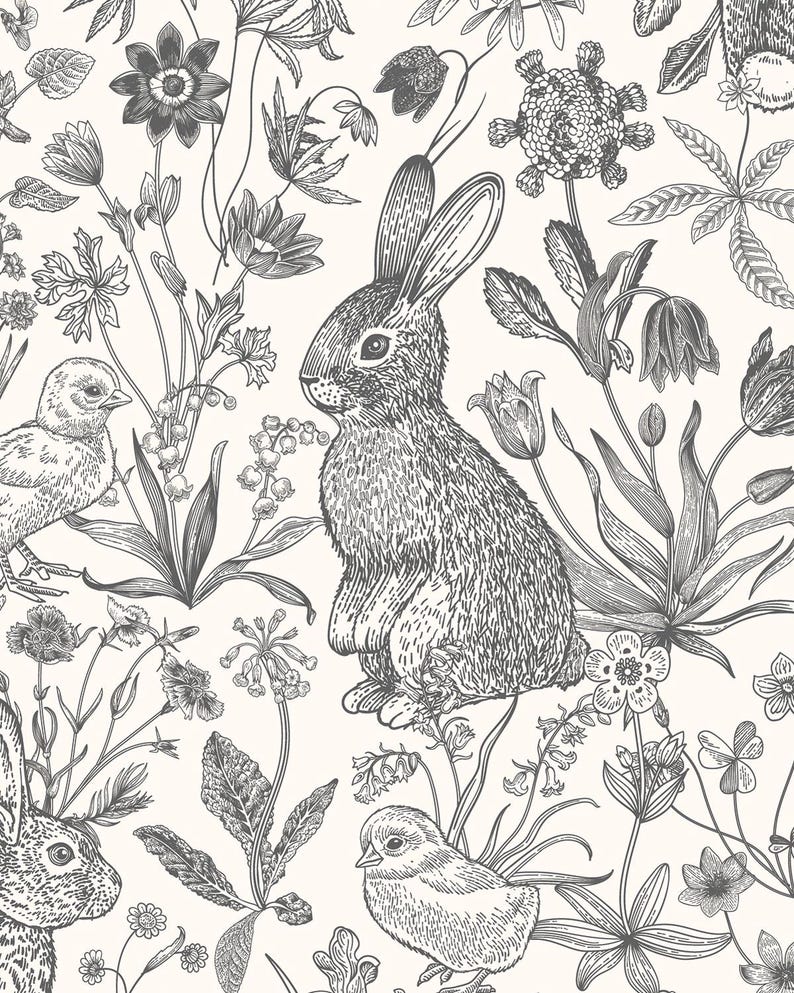 Vintage Rabbit Pattern Vintage Woodland Rabbit Pattern Wallpaper Roll, Seamless Nature Print ...