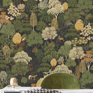 Dark Botanical Forest Wallpaper, Vintage Woodland Pattern, Moody Nature Wall Decor, Roll Wallpaper zdjęcie 5