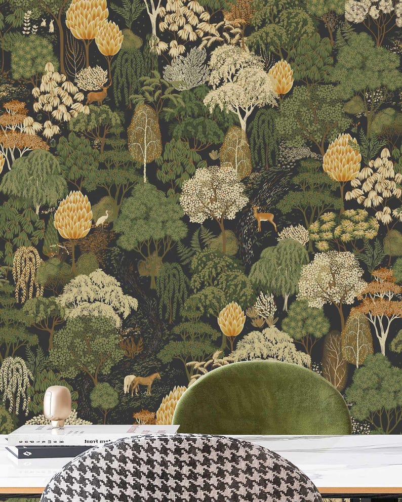 Dark Botanical Forest Wallpaper, Vintage Woodland Pattern, Moody Nature Wall Decor, Roll Wallpaper zdjęcie 5
