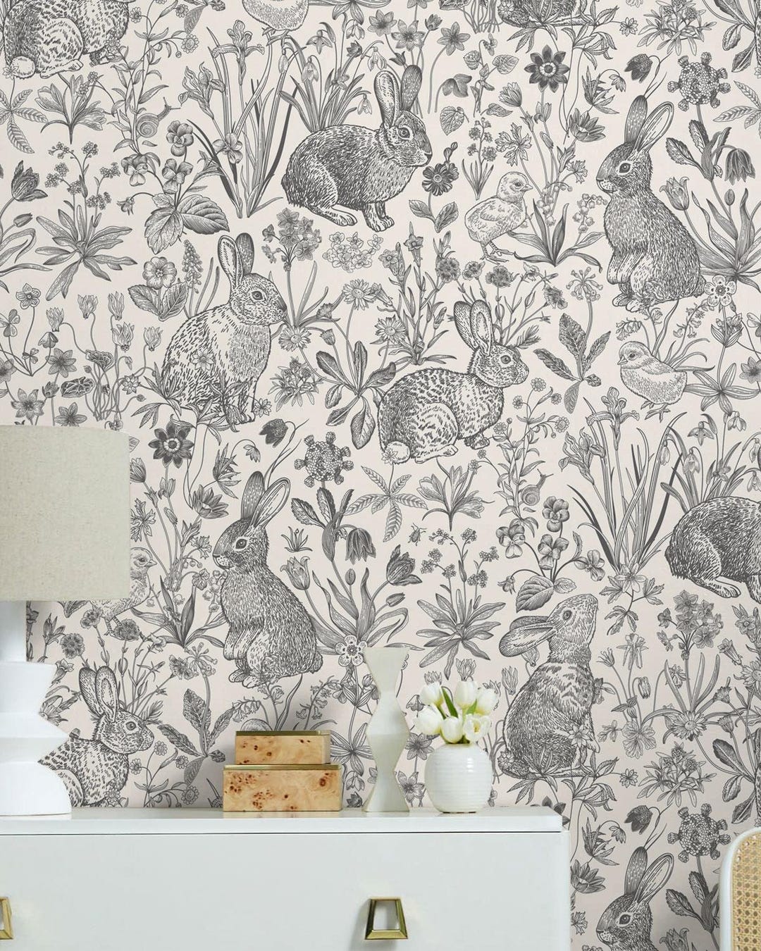 Patterned Rabbit Outside Vintage Woodland Rabbit Pattern Wallpaper Roll, Seamless Nature Print ...