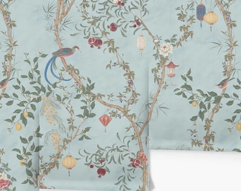 Blue Botanical Bird Wallpaper – Vintage Garden Mural with Fruit Trees & Lanterns, Toile Style Wall Decor