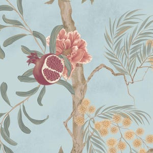 May include: Botanical illustration featuring a pomegranate, a large pink flower, and various green leaves and branches against a light blue background. The pomegranate is cut open, revealing its seeds. The artwork has a vintage, hand-painted style.