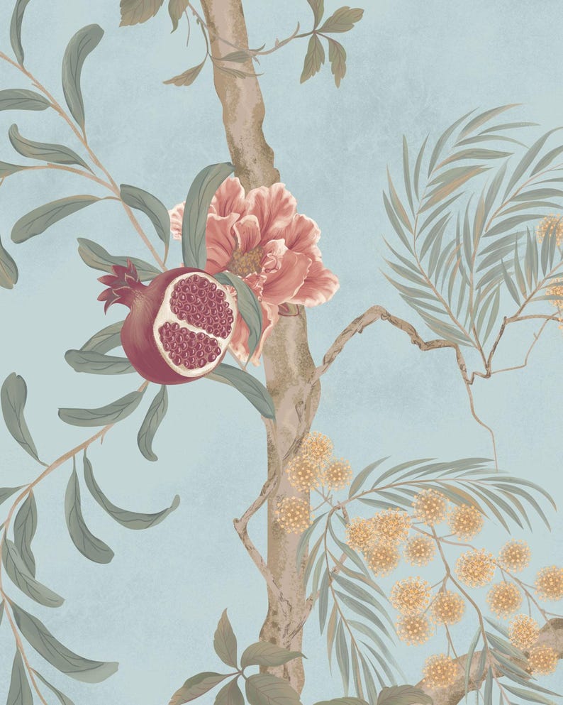 May include: Botanical illustration featuring a pomegranate, a large pink flower, and various green leaves and branches against a light blue background. The pomegranate is cut open, revealing its seeds. The artwork has a vintage, hand-painted style.