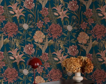 Art Nouveau Floral Wallpaper, William Morris Style Botanical Pattern, Dark Blue Vintage Flower Wallpaper Roll, Peel and Stick or Traditional