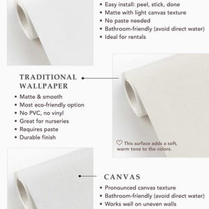 May include: White wallpaper rolls with different textures and installation methods are shown. The image highlights three types: Peel & Stick, Traditional Wallpaper, and Canvas. Each type has a list of features, including texture, ease of installation, and suitability for different environments.
