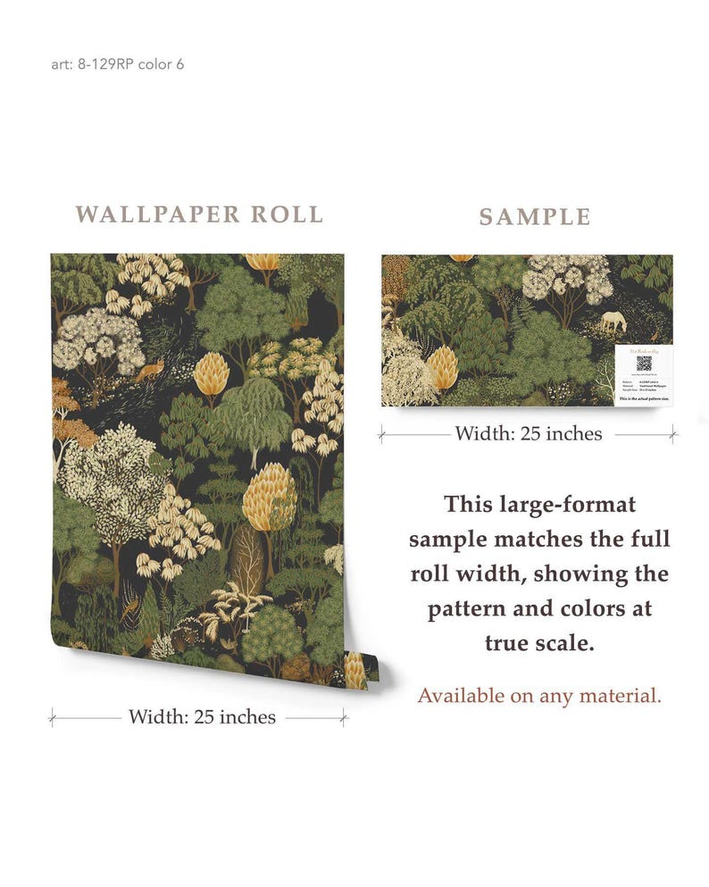Dark Botanical Forest Wallpaper, Vintage Woodland Pattern, Moody Nature Wall Decor, Roll Wallpaper zdjęcie 10