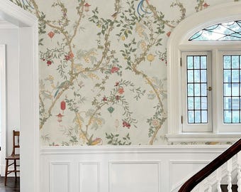Chinoiserie Wallpaper, Neutral Chinese Bird Pattern, Oriental Wall Panels, Asian Theme Decor for Entryway and Living Room