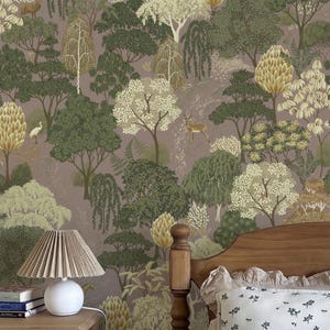 Vintage Forest Wallpaper for Bedroom, Botanical Woodland Wall Panels, Soft Moody Tree Wallpaper