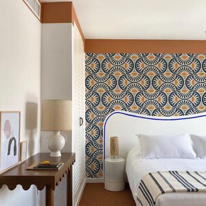 Geometric Wallpaper Roll, Mid Century Modern Home Decor, Retro Sun Pattern, Navy Mustard Design, Accent Feature Mural, 8-102P-1 image 10