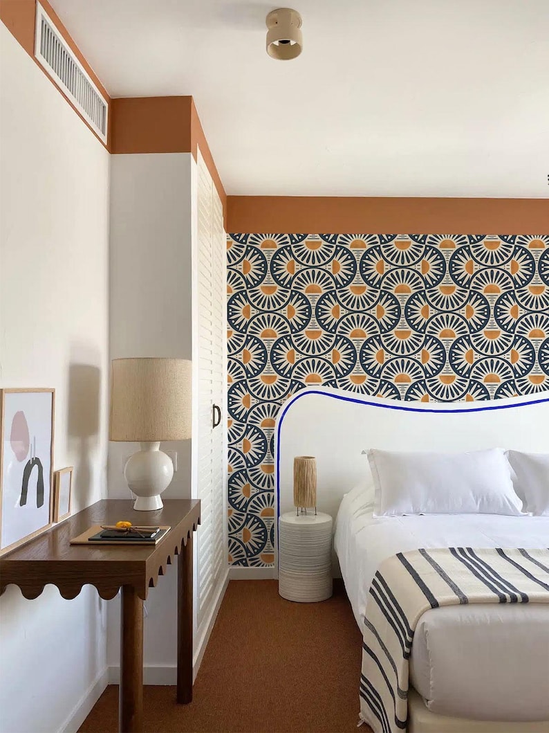 Geometric Wallpaper Roll, Mid Century Modern Home Decor, Retro Sun Pattern, Navy Mustard Design, Accent Feature Mural, 8-102P-1 image 10