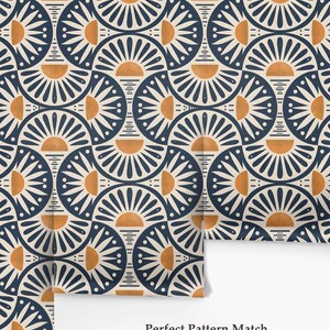Geometric Wallpaper Roll, Mid Century Modern Home Decor, Retro Sun Pattern, Navy Mustard Design, Accent Feature Mural, 8-102P-1 image 4