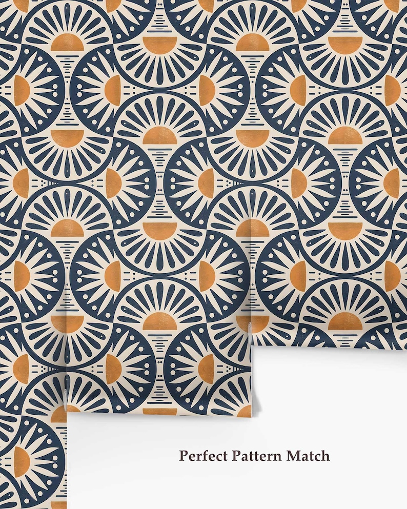 Geometric Wallpaper Roll, Mid Century Modern Home Decor, Retro Sun Pattern, Navy Mustard Design, Accent Feature Mural, 8-102P-1 image 4