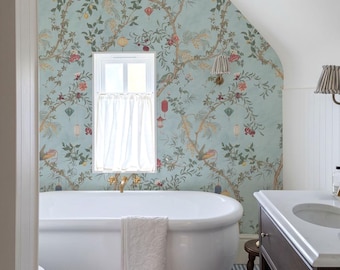 Chinoiserie Vogel Tapete zum Schälen und Aufkleben, Gästezimmer Dekor, Blau Grün Vintage Toile Muster, Kleine Badezimmer Wandgestaltung, Tapetenrolle