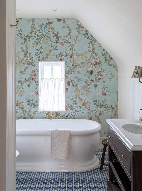 Chinoiserie Bird Wallpaper Peel and Stick, Powder Room Decor, Blue Green Vintage Toile Pattern, Small Bathroom Wall Design, Wallpaper Roll