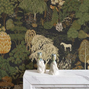 Dark Botanical Forest Wallpaper, Vintage Woodland Pattern, Moody Nature Wall Decor, Roll Wallpaper zdjęcie 1