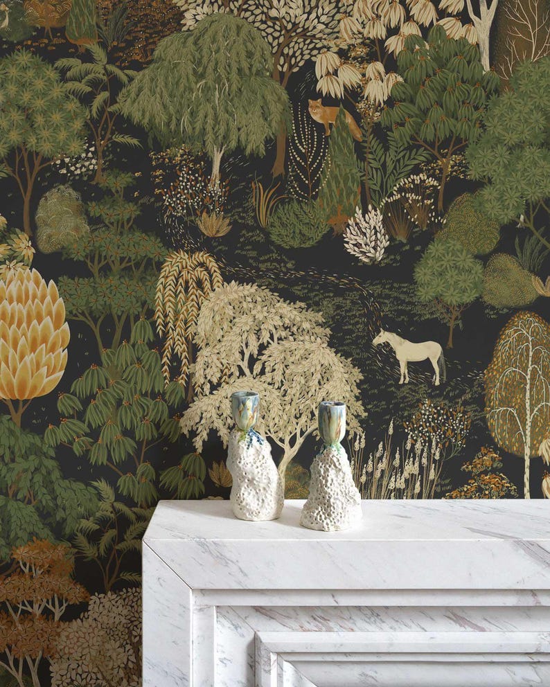 Dark Botanical Forest Wallpaper, Vintage Woodland Pattern, Moody Nature Wall Decor, Roll Wallpaper zdjęcie 1