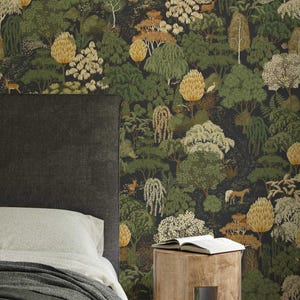 Dark Botanical Forest Wallpaper, Vintage Woodland Pattern, Moody Nature Wall Decor, Roll Wallpaper zdjęcie 2