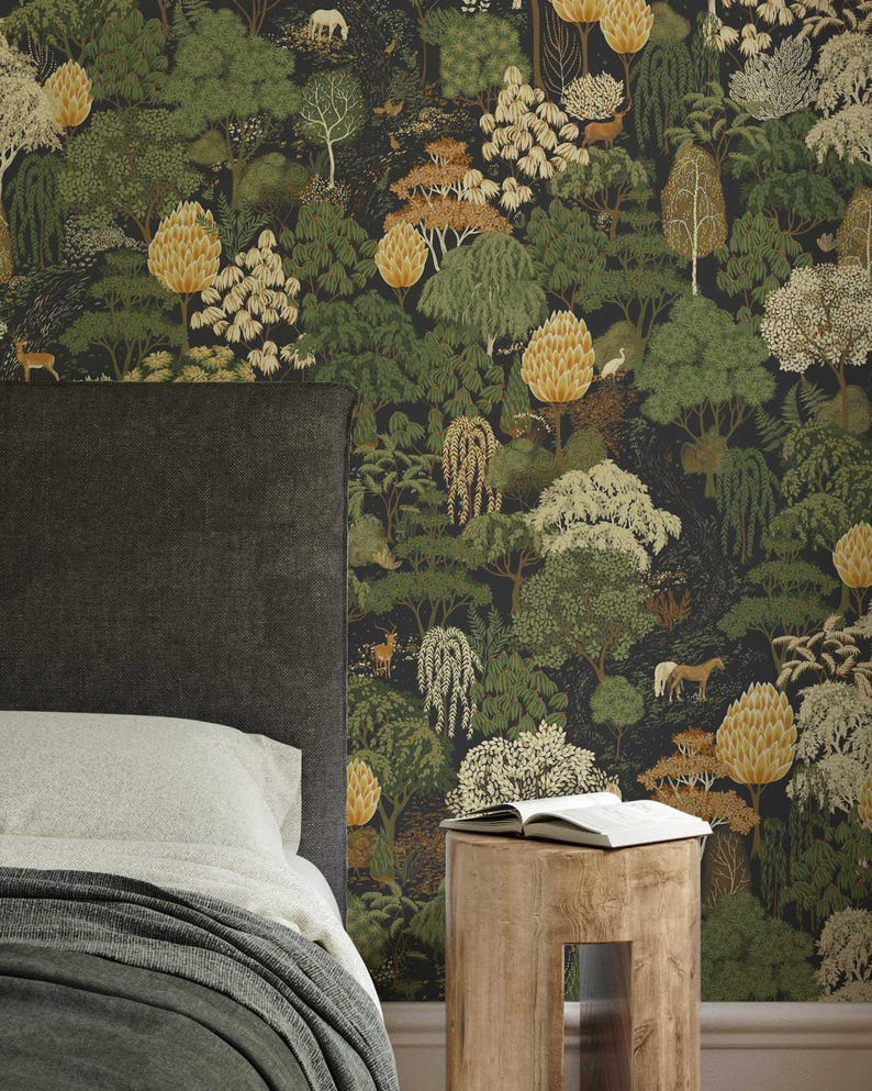 Dark Botanical Forest Wallpaper, Vintage Woodland Pattern, Moody Nature Wall Decor, Roll Wallpaper zdjęcie 2