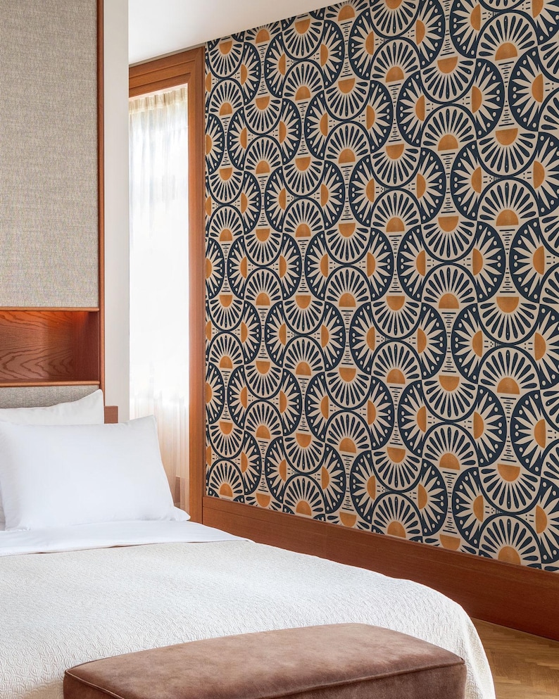 Geometric Wallpaper Roll, Mid Century Modern Home Decor, Retro Sun Pattern, Navy Mustard Design, Accent Feature Mural, 8-102P-1 image 9