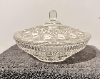 Vintage Federal Glass Windsor Button & Cane Clear Covered Candy Dish
