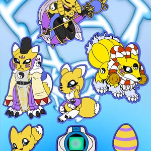 May include: A collection of stickers featuring yellow fox-like creatures with purple and white accents, including a humanoid figure with a staff, a small creature, a larger quadruped, a digital device with a screen, and a striped egg-shaped icon.