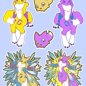May include: A collection of six stickers featuring stylized fox-like creatures. Two are seated figures in yellow and purple, two are small head-only designs in yellow and purple, and two are dynamic figures surrounded by blue crystalline shards.