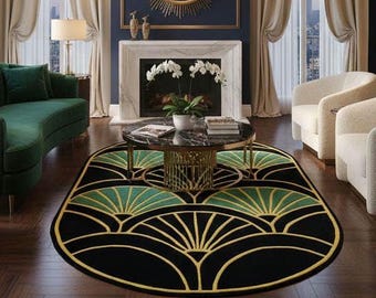 Art Deco Tufted Rug, Luxury Black Gold Area Rug for Living Room Sofa, Geometric Fan Pattern Carpet, Modern Bedroom Rug, Elegant Home Decor