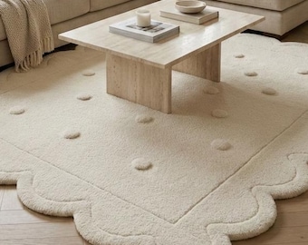 Scalloped Wool Rug – Hand Tufted Modern Minimalist Carpet, Neutral Cream Area Rug5x7