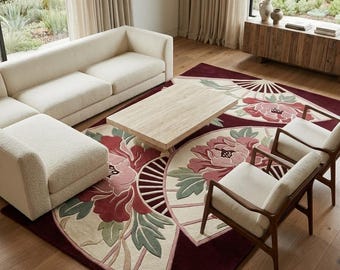 Handmade Floral Area Rug, Burgundy Fan Rug, Tufted Oriental Rug, Pink Sage Living Room Rug, Luxury Statement Carpet