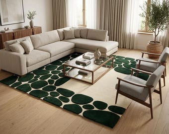 Green Cream Area Rug, Organic Abstract Tufted Rug, Modern Handmade Carpet, Minimalist Living Room Bedroom Decor, Wool Rug