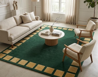 Area Rug, Green & Gold Geometric Handmade Tufted Rug, Modern Living Room Rug, Wool Pile, Plush Textured Statement Rug