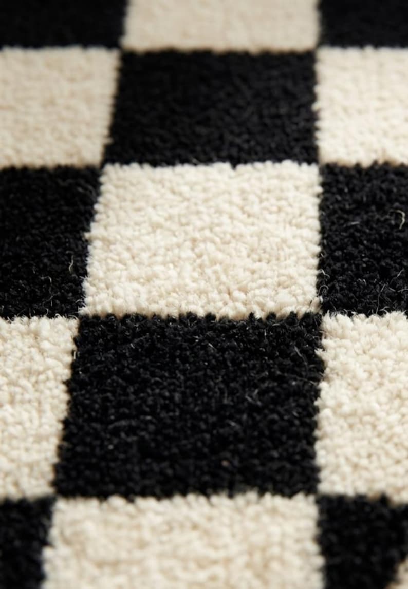 Checkerboard Round Rug Black White Tufted Wool Carpet, Modern Checkered ...