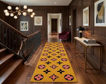 Tufted Runner Rug, Mustard Yellow Floral Geometric Rug, Handmade Hallway Runner, Modern Pink Black Accent Rug