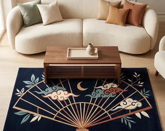 Hand Tufted Chinese Fan Rug, Navy Blue Cloud Moon Design Area Rug